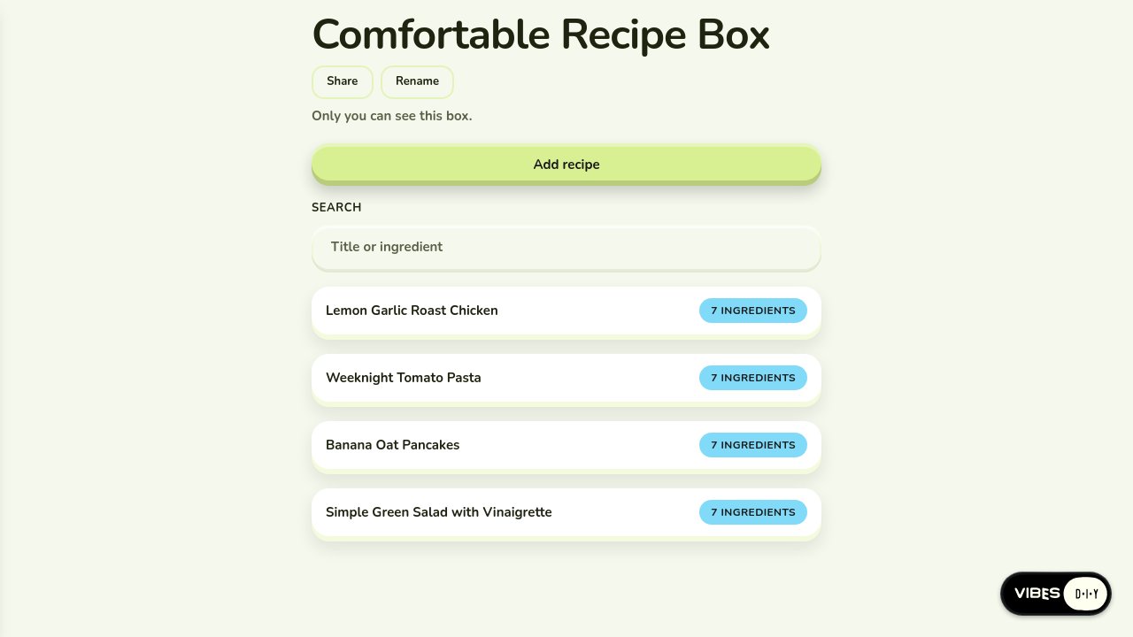 Platform screenshot of the Recipe box app built in round six